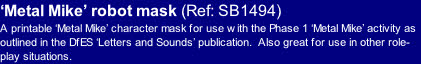 ‘Metal Mike’ robot mask (Ref: SB1494)
A printable ‘Metal Mike’ character mask for use with the Phase 1 ‘Metal Mike’ activity as outlined in the DfES ‘Letters and Sounds’ publication.  Also great for use in other role-play situations.